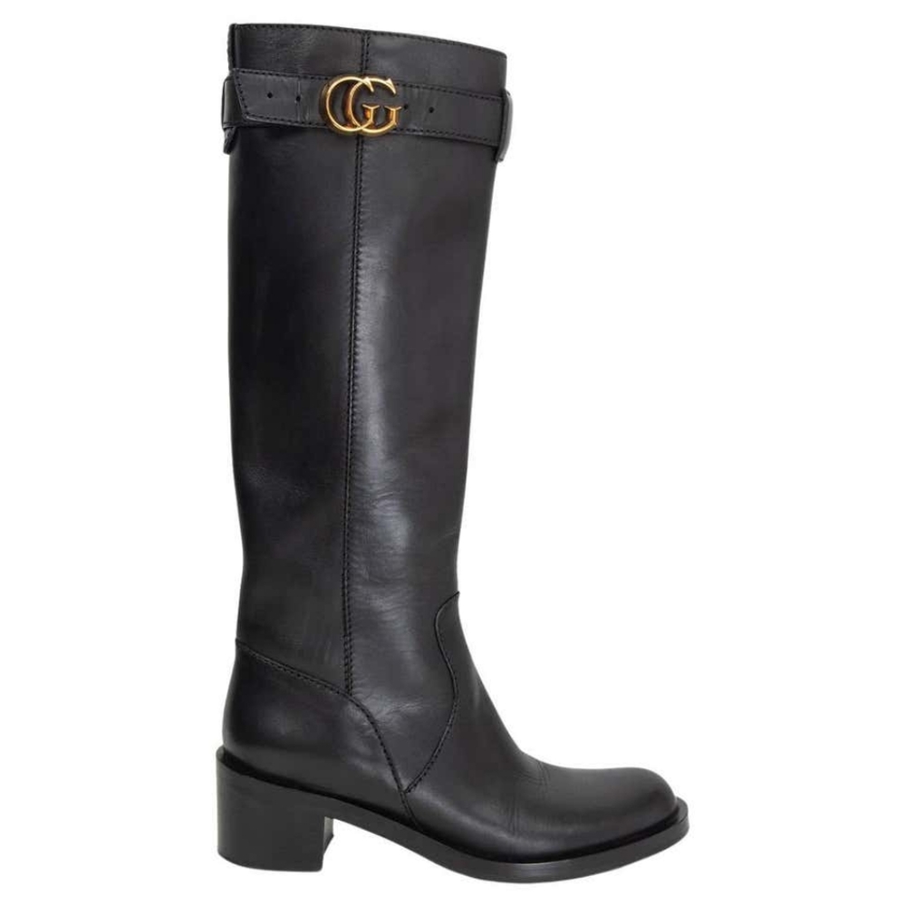 Gucci Black Leather Knee-High Heeled Boots with Gold GG Logo